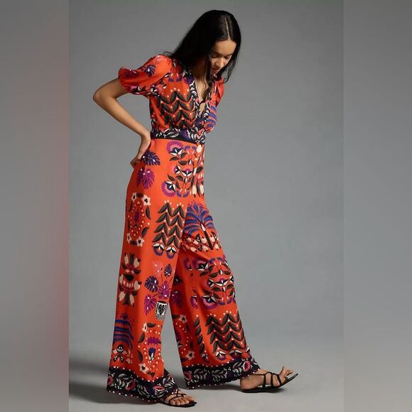 Anthropologie Farm Rio Printed Deep-V Puff-Sleeve Jumpsuit – Size L - Picture 2 of 8